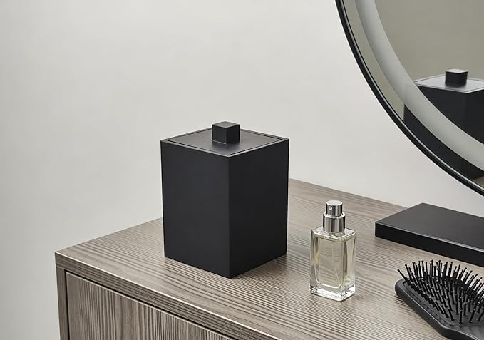 Q-tip Holder Square Cotton Swab Holder with Lid Resin Cotton Ball Canister Jar Cosmetics Makeup Countertop Organizer Containers Canister Apothecary Jar, Matte Black