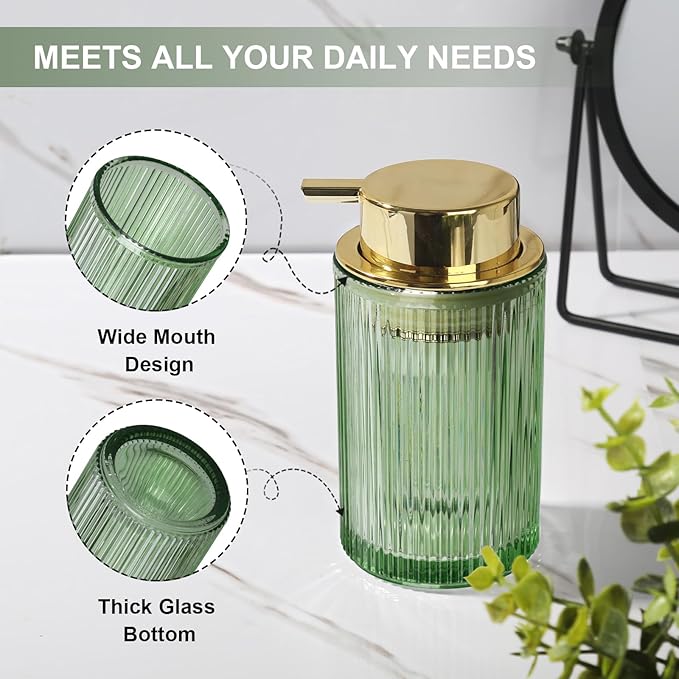 Green Glass Foaming Soap Dispenser, Ribbed Foam Hand Soap Dispenser for Bathroom, 11 Fl Oz Refillable Foaming Pump Bottle with Black Pump, Modern Dish Soap Foam Dispenser