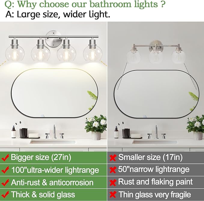 4-Light Bathroom Light Fixtures, Brushed Nickel Modern Vanity Lights Over Mirror with Clear Glass Globe Shade, Bathroom Wall Sconces for Mirror Kitchen Living Room Hallway Cabinet Bedroom Porch