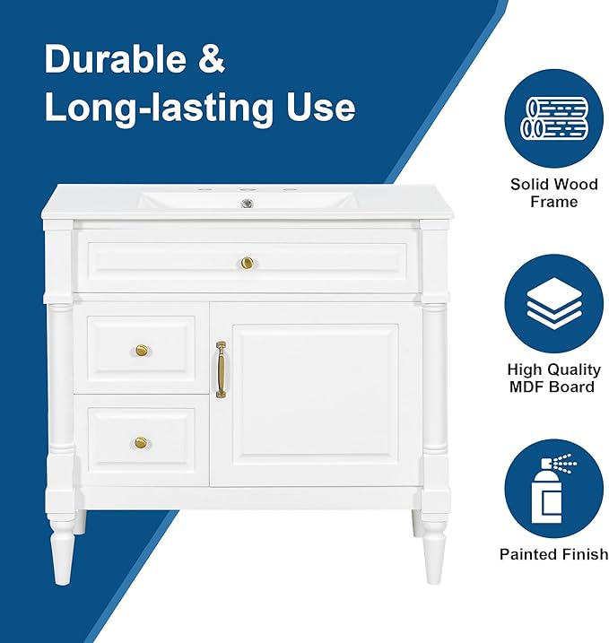 Harper & Bright Designs 36" Bathroom Vanity with Sink, Free Standing Bathroom Vanity Set with Flip Drawer, 2 Drawers, and Adjustable Shelf, Wood Storage Cabinet with Ceramic Basin for Bathroom, White