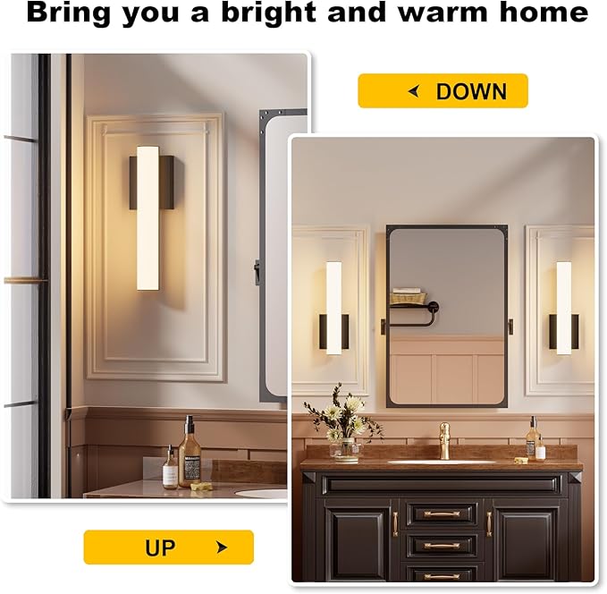 15.7 Inches Modern Bathroom Led Wall Sconces,18W 3000K Hardwired Wall Light with White Acrylic Lampshade,Indoor Bathroom Vanity Light for Mirror Bedroom Living Room Hallway(Black,2Pack)