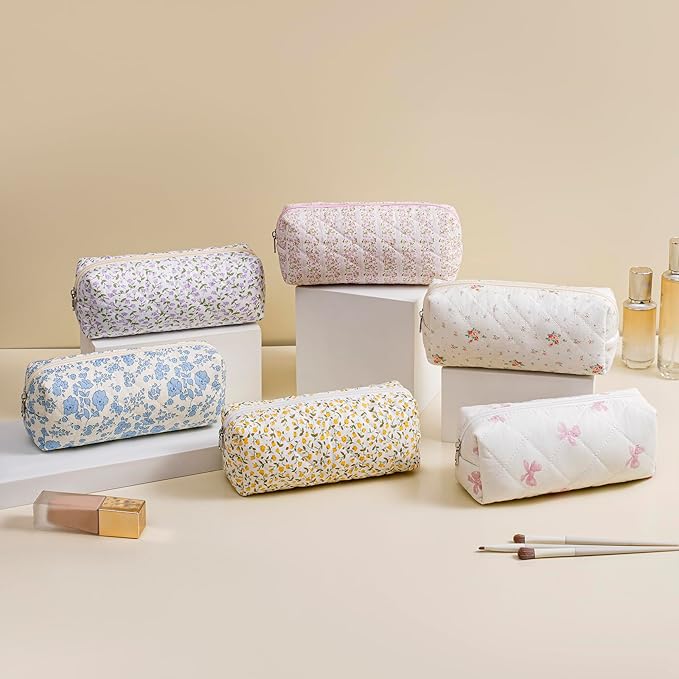 Cute Floral Cotton Makeup Brush Cosmetic Bag for Women, Travel Quilted Zipper Make Up Bag, Flowers Toiletry Organizer Case Kawaii Makeup Cosmetic Travel Cloth Pouch (Pink+Purple Floral)