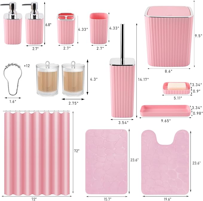 Bathroom Set with Shower Curtain and Rugs- 25PC Pink Bathroom Accessories, Shower Curtain Set, Toilet Brush, Trash Can, Qtip Holder & Soap Dispenser