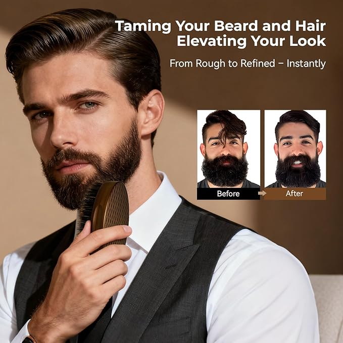 Beard Brush for Men, Travel Pocket Mustache Brushes Grooming Kit with Natural Boar Bristle and Sapele Wood, Folding Scissors & Pouch, Facial Hair Brush Detangles & Shine, Stocking Stuffers