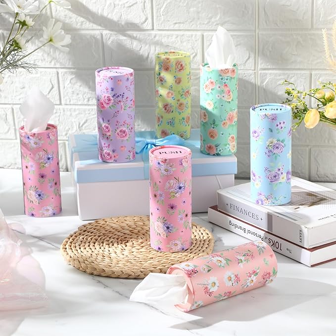 Outus 12 Pcs Spring Floral Car Tissues Cylinder Holder Flowers Round Tissue Box Cup Holder 3 Ply Facial Napkins Napkins Container for Car Home Office Dispenser Travel