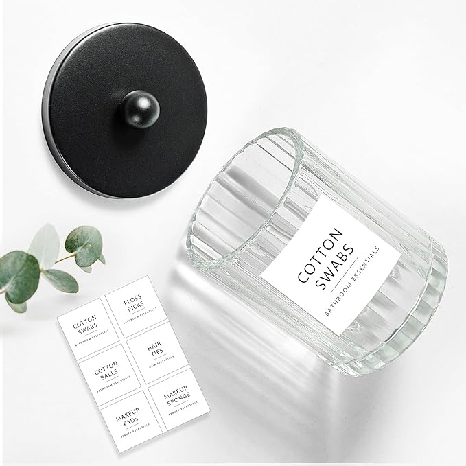 Amolliar Qtip Holder Dispenser for Cotton Swabs, Cotton Balls, Pads, Floss Picks, Clear Glass Canister Apothecary Jar, Bathroom Essential Accessories Decor, Bathroom Storage Organizer (Black, 4 Pack)