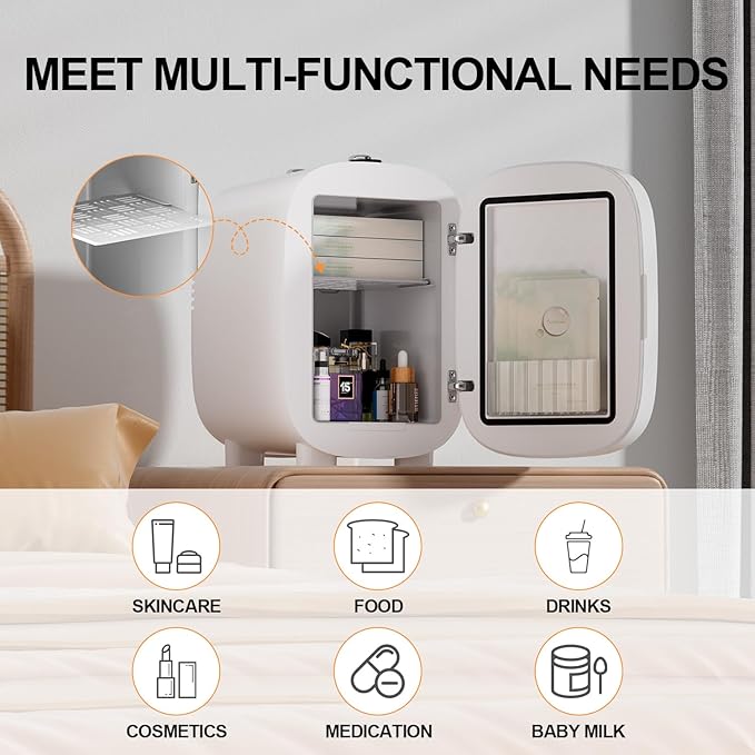 DF01A Skincare Fridge, With 3-Level Dimmable LED Light Mirror, Low Noise Mini Fridge, 4L Large Capacity, Cooler & Warmer, Portable Design for Multiple Uses - Bedroom, Office, and Travel