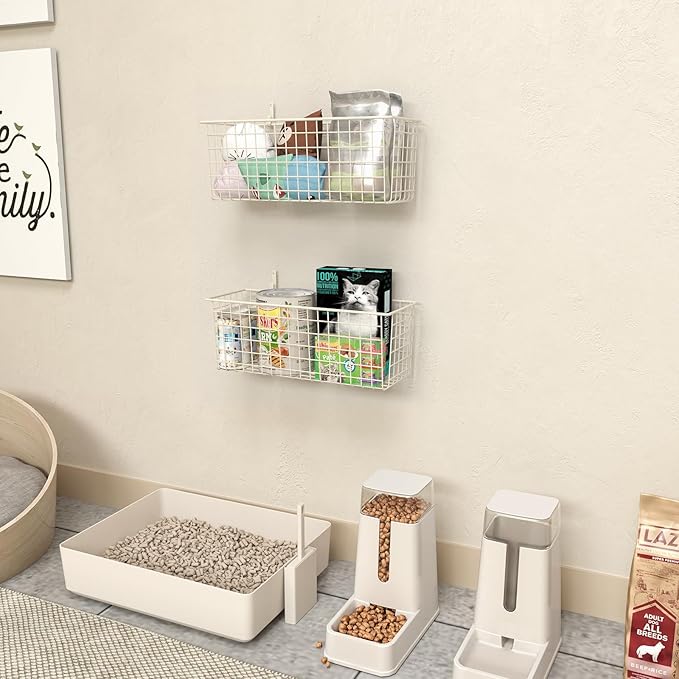 2 Sets Extra Large Hanging Wall Basket, White Metal Wire Baskets with Steel Hooks for Organizing, WallmountedFruit Vegetable Toy Snack Storage, Home Kitchen Bathroom Laundry Pantry Organizer