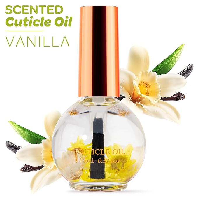 JIASHENG Cuticle Oil, Scented Cuticle Nail Oil Infused with Real Flowers, Hydrates, Moisturizes, Strengthens, Repairs, Revitalizing Cuticle Oils for Nails Damage Dry Cuticle, Vanilla, 15ml