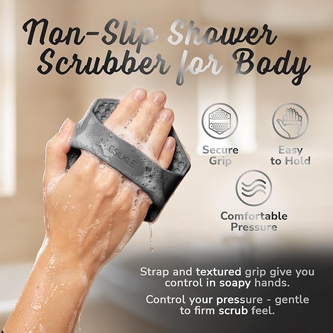 Silicone Body Scrubber – Gentle Exfoliating Shower Scrubber for Body & Bath, Silicone Shower Brush & Loofah Alternative – Non-Slip Silicone Body Brush, Quick Dry, Hygienic - Black