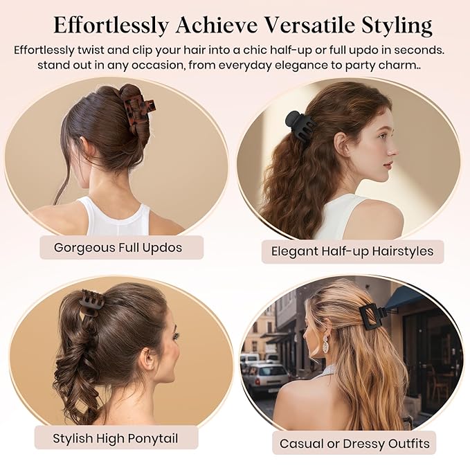 8 PCS Medium Hair Clips for Women Girls - 2 Styles Rectangle Small Claw Clips for Thin Thick Curly Hair, Stylish Matte Non-slip Strong Hold Jaw Clips Square Hair Accessories, Tortoise & Black