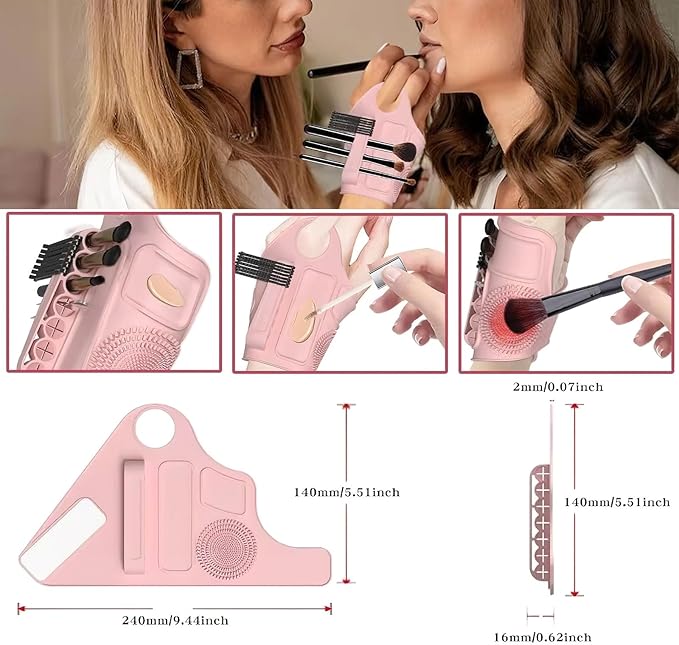 Makeup Mixing Palette Wristband, Silicone Makeup Brush Travel Case, Professional Cosmetic Display Cases Tools Strap for Pigment Makeup Art Nail Palette, Easy Cleaner(Pink)