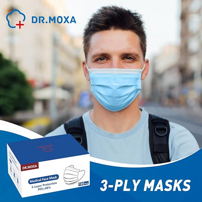 DR.MOXA 500 Pack Disposable Medical Face Masks (5 Boxes, 100pcs/Box) -3 Ply Face Mask for Adults Blue