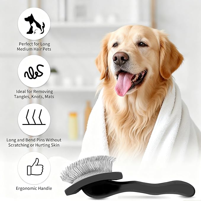 Slicker Brush for Dogs, Large Dog Brush to Long Haired Dogs for Poodles Doodles Goldendoodles Bernedoodles, Long Pin Grooming Kits to Dematting & Reducing Tangles and Fluff, Black