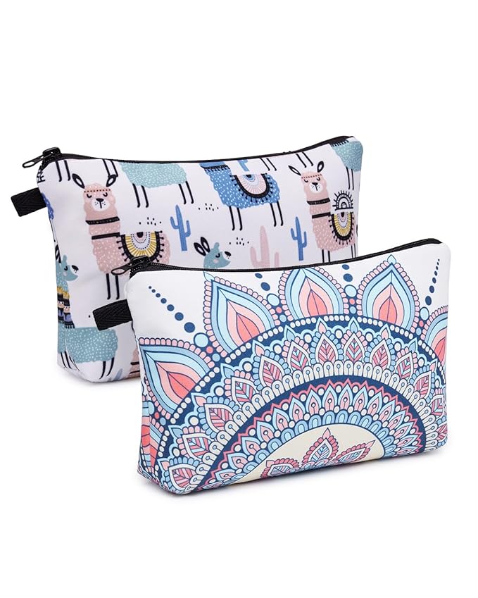 WANDF Cosmetic Bag for Women Makeup bag Organizer Mini Makeup Pouch for Purse Water Resistant Girls Gift(2pcs Alpacas+Geometric)