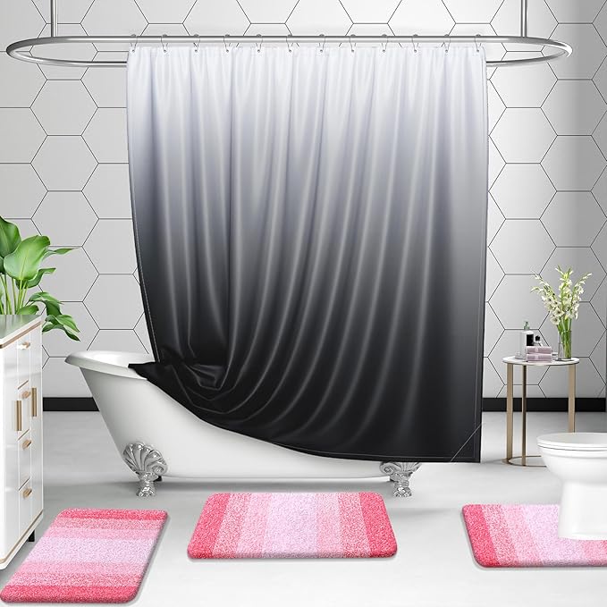 OLANLY Bathroom Rug Set 2 Piece, Soft Absorbent Microfiber Bath Rug Set, Non-Slip, Machine Wash Dry, Plush Shaggy Bath Mats for Bathroom (30"x20"+24"x16", Pink)