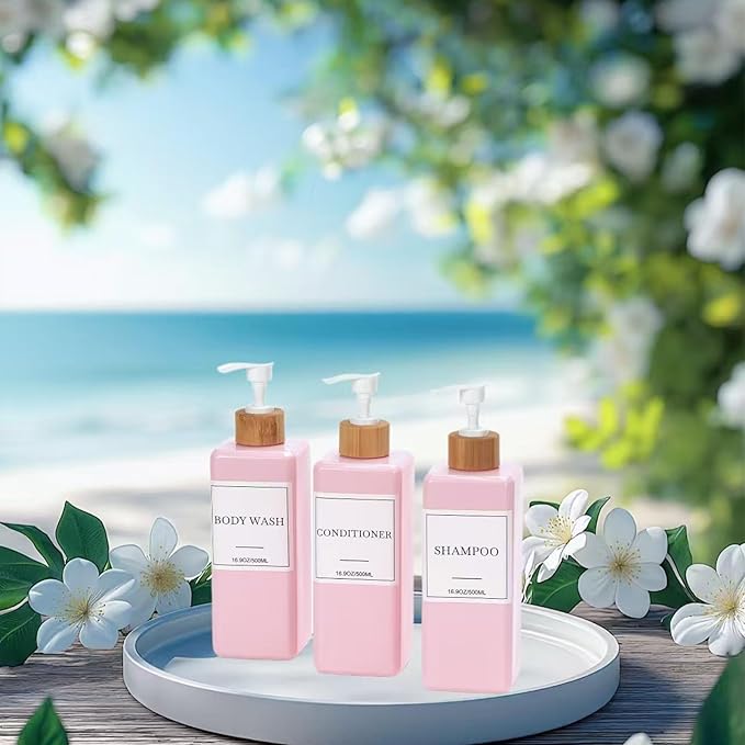 Shampoo and Conditioner Dispenser for Shower, Refillable Shampoo and Conditioner Bottles Body Wash Dispenser with Waterproof Labels, 3PCS Soap Dispenser Bathroom Pink White Empty Pump Bottle