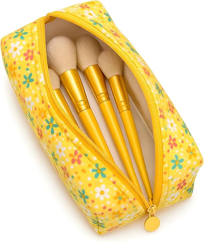 Floral Quilted Cotton Makeup Bag for Women, Large Capacity Travel Cosmetic Pouch with Zipper, Cute Toiletry & Brush Organizer, Kawaii Makeup Storage Case – Yellow Sun Flower