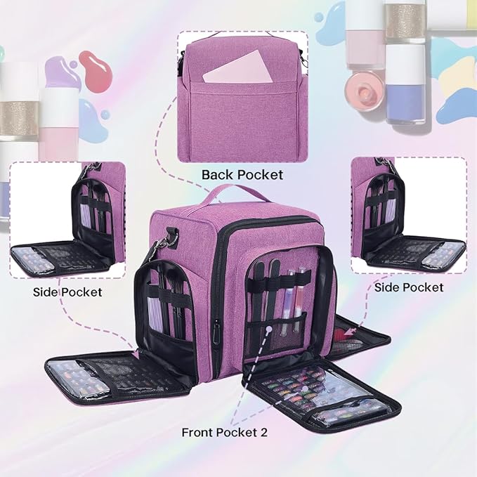 Nail Polish Organizer Holds 60 Bottles and a Nail Lamp,Portable Travel Case with 2 Removable Bags and Tools Storage Pockets Purple