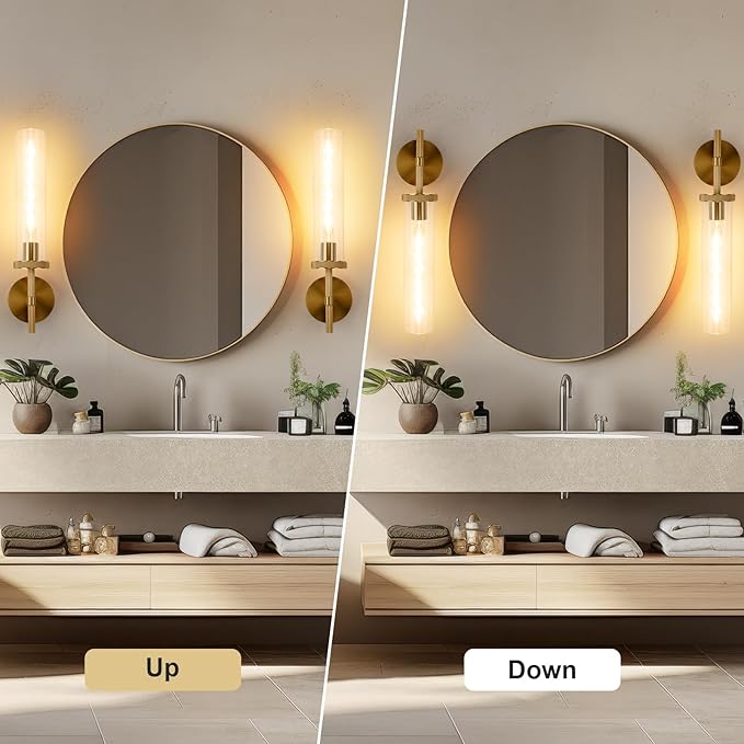 19.5" Knurled Gold Hardwired Wall Sconces Set of 2, Bathroom Vanity Light Fixtures with Clear Glass Tube, Modern Lamp Lighting for Bedroom, Living Room, Hallway, Staircase, Mirror, Kitchen