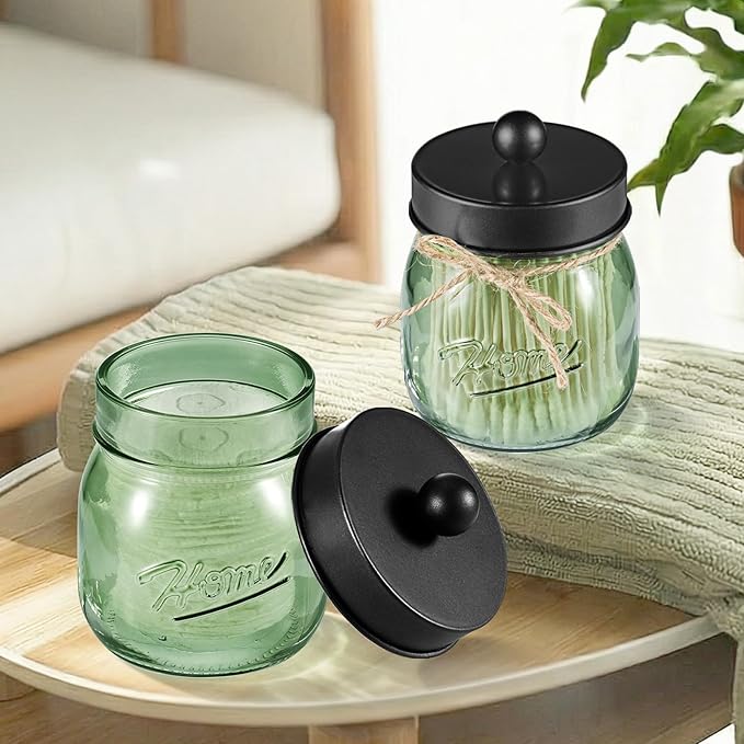 SheeChung Green Glass Qtip Holder Dispenser, Mason Jar Apothecary Jars with Lids, Bathroom Organizers and Storage, Vanity Countertop Canisters Set for Cotton Swab, Ball, Pad, Floss Pick-Black, 1Pc