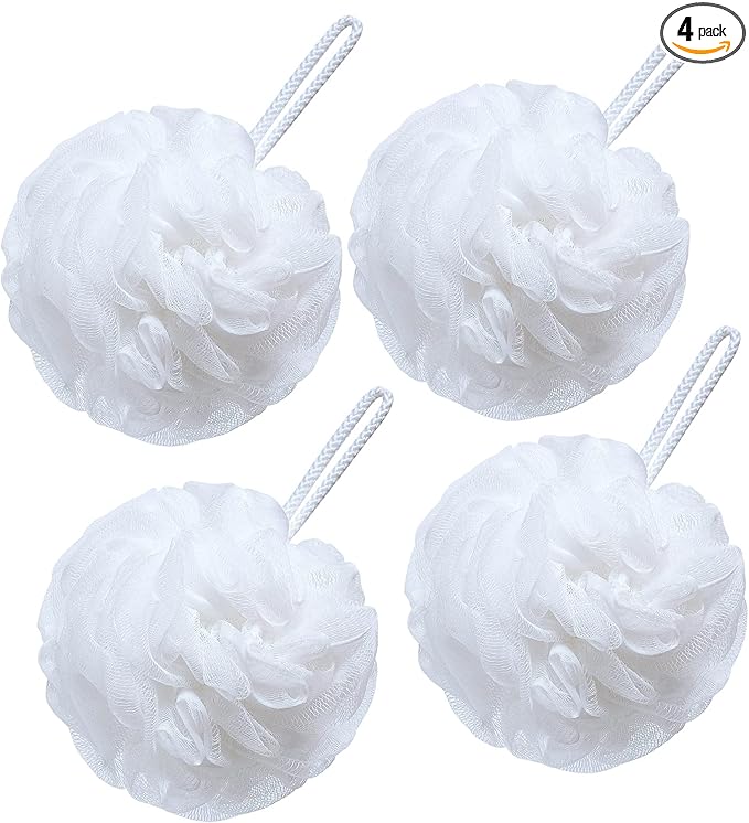 VANZAVANZU Bath Loofah Large 80g Shower Sponge Body Scrubber Mesh Pouf for Men and Women, Set of 4 (White)