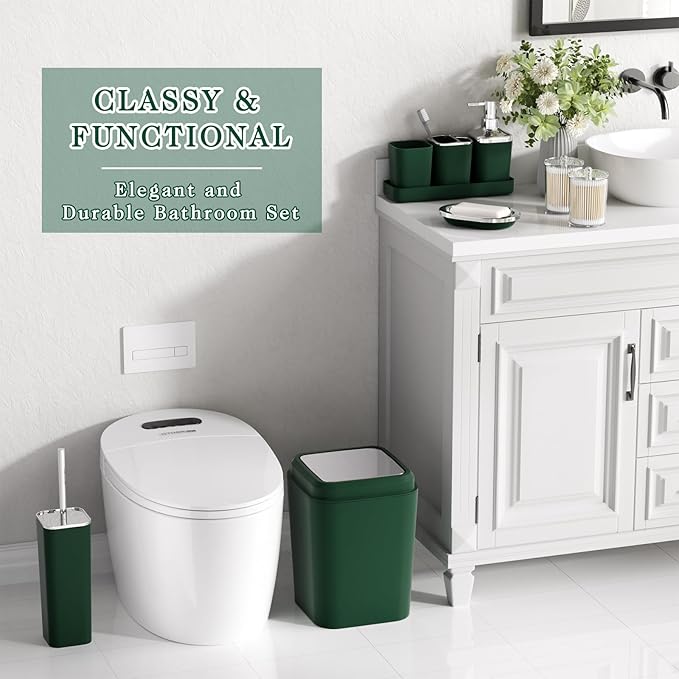 Dark Green Bathroom Accessories Set with Shower Curtain and No-Slip Bath Rugs,24PC Bath Sets with Trash Can, Toothbrush Holder, Cup, Soap Dispenser, Tray, Soap Dish, Toilet Brush, Qtip Holders