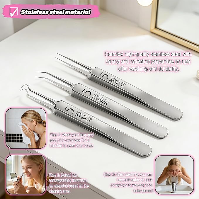 Professional Blackhead Remover Tweezers Set, Stainless Steel Pimple Extractor Tool Kit with Straight, Angled and Curved Tips, 3 Piece Set with Storage Case