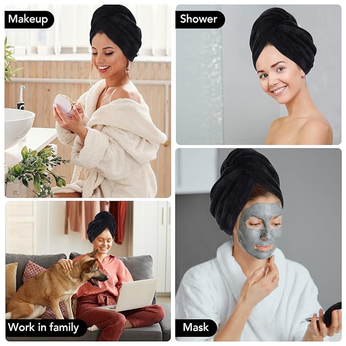 SINLAND Microfiber Hair Drying Cap Hair Towel Turban Twist for Women Fast Drying Towels Head Turban Absorbent Soft Lightweight 3 Pack Black