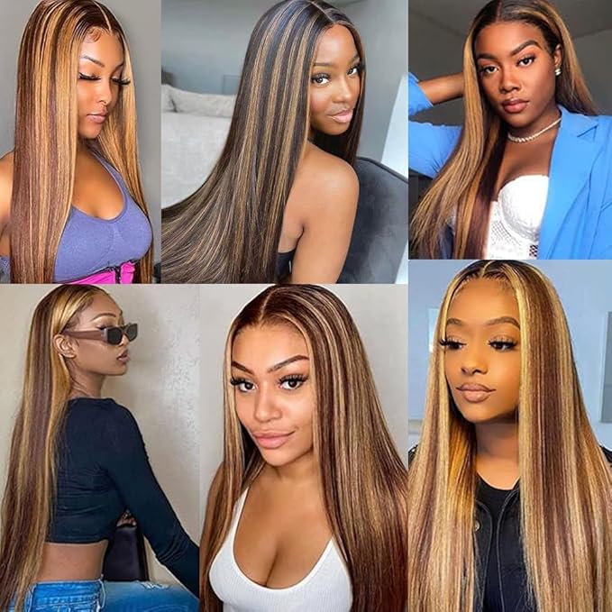 Highlight Ombre V Part Wigs Human Hair Straight Human Hair Wigs Upgrade U Part Wigs 180% Density Glueless Full Head Clip In Half Wigs 16inch FB30 Color