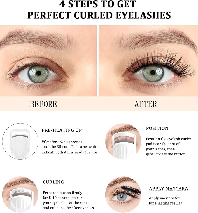 Heated Eyelash Curler Premium PRO - Fast Heat up in 8s - 24 Hours Long Lasting - Rechargeable Electric Eyelash Curler with Type-C, Innovative L Silicone, 2 Heat Modes, Anti-Burn Eyelid, White-GA