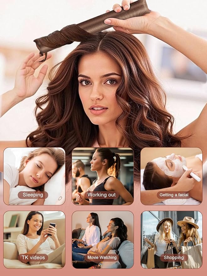 Heatless Curls Overnight Set - Jumbo Soft Hair Curlers to Sleep In, No Damage Velvet Curling Rods with Silk Scarf, Alternative to Heat Styling-6pcs Rosebrown