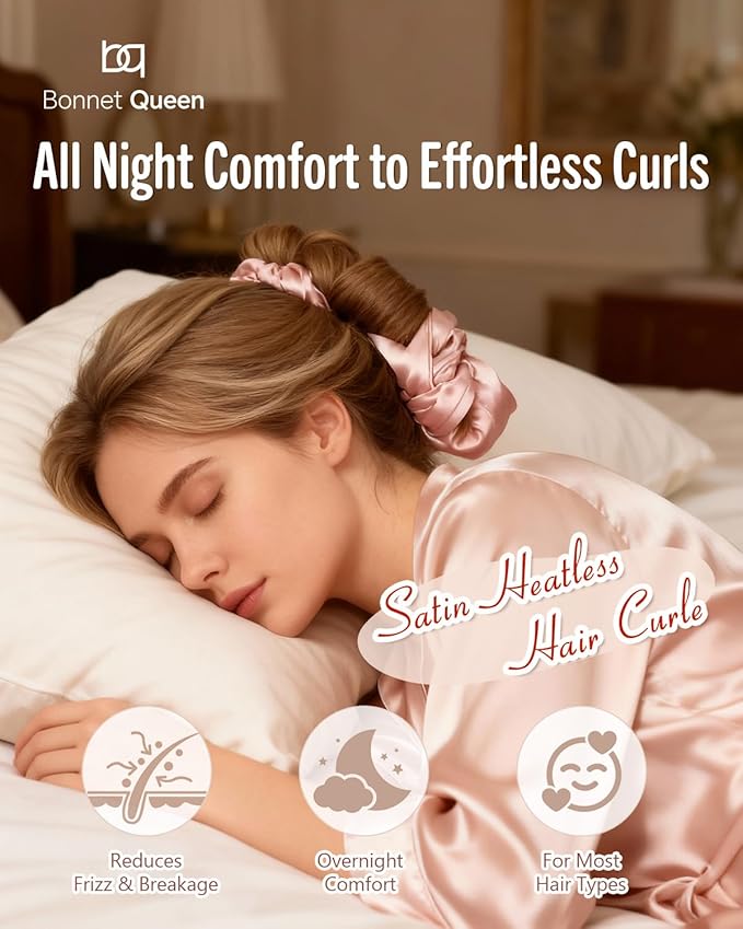 BONNET QUEEN Heatless Hair Curler for Heatless Curls Overnight, All-in-One Sleepy Tie Satin Curling Rod, Hair Curlers to Sleep In, Overnight Blowout Rods, Hair Rollers for Women Long Hair, Cream Pink