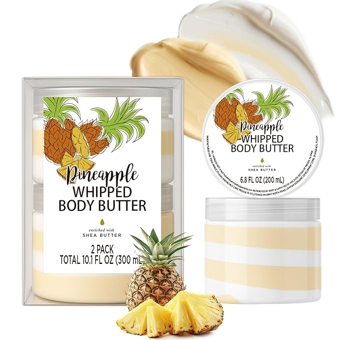Pineapple Whipped Body Butter, Shea Body Butter for Women Dry Skin, Natural Pineapple Lotion for Body Moisturizer-Deep Moisturizing and Softening-3.4 floz+6.8 floz(100ml+200ml)