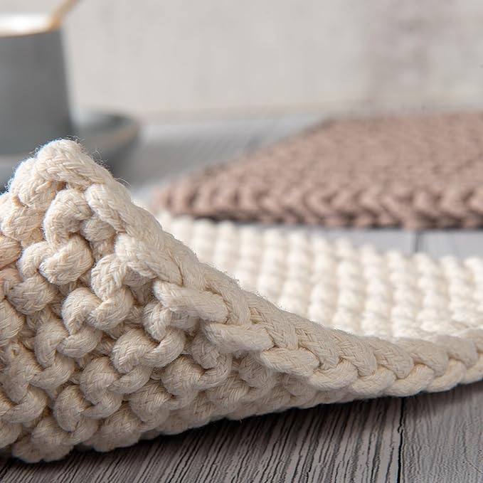 Eiyye Thick Crocheted Pot Holders, Handmade Hot Pads Crocheted Trivets for Kitchen hot Dishes(2-Pack), 8"x8" (White and Taupe)