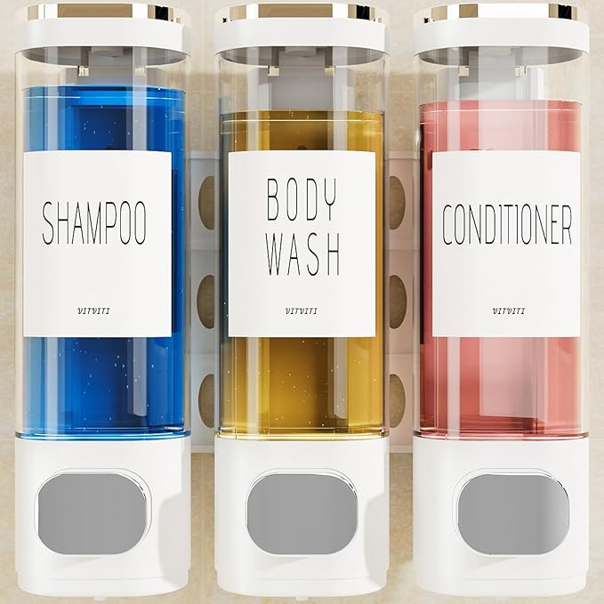 VITVITI Shampoo and Conditioner Dispenser for Shower Wall, Shower Soap Dispenser 3 Chamber No Drill Wall Mounted, 10.2 OZ Plastic Refillable Shower/Body Wash Bottles for Bathroom (White)