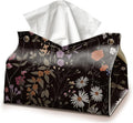 Black Rectangle Tissue Box Cover, Flroal Decorative Tissue Paper Holder, Vintage PU Leather Tissue Holderm Cottagecore Farmhouse Decor for Bathroom Kitchen Living Room Desk 9.8x5.9x5.9