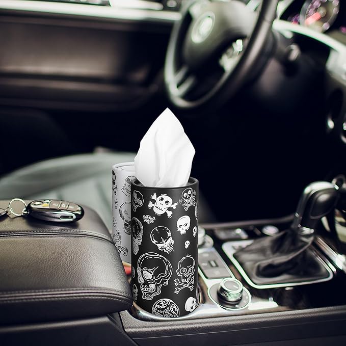Fourluoo 12 Pack Skull Cylinder Tissues for Car Bulk Gothic Skeleton Round Cylinder Holder with 3 Ply Facial Tissues for Travel Home Bathroom Office Accessories