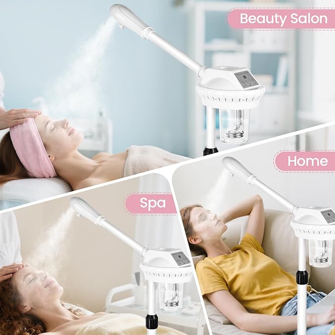 Professional Facial Steamer, Esthetician Steamer on Wheels, Stand Face Steamer for Facial Deep Cleaning and Hydration, Steamer for Facial for Personal Care or Beauty Spa or Salon, White