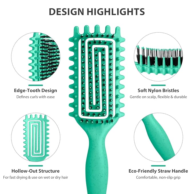 Curly Hair Brush, Curl Defining Brush for Women and Men, Effortless Detangling and Shaping for Curls, Waves and Coils, Reduces Pulling, Smooth Results (Green)