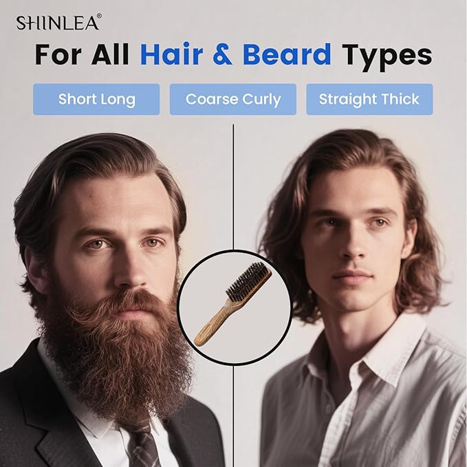 Boar Bristle Hair Brush for Men, Beard Brush with Wooden Handle for Beards Mustaches Grooming, and Soften Facial Hair, Slick Back Hair Brush for Thick & Fine Hair, Great Gift