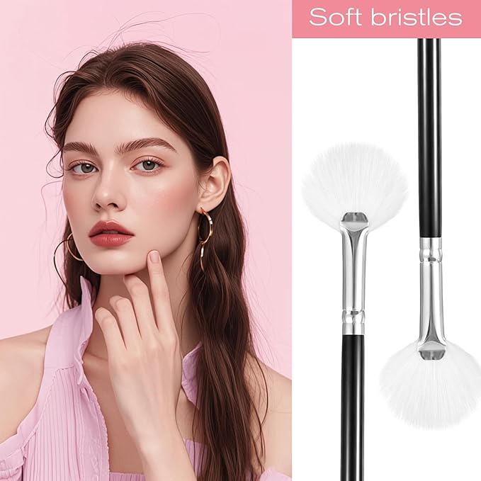 2PCS Highlighter Brush Fan Brush for Face Highlighting, Buffing and Blending With Powder Cream, Professional Blush Brush, Blusher Highlighter Applicator, Soft Vegan Synthetic Makeup Tool