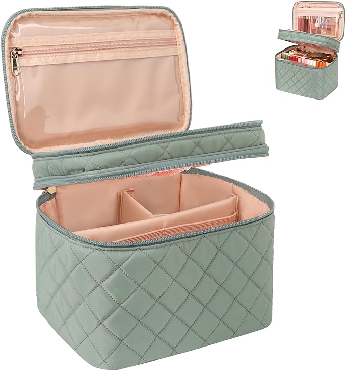 Relavel Makeup Travel Bag, Large Capacity Cosmetic Bags for Women, Makeup Brush Holder Storage Travel Case Waterproof Portable Make Up Bag with Dividers, Diamond Green