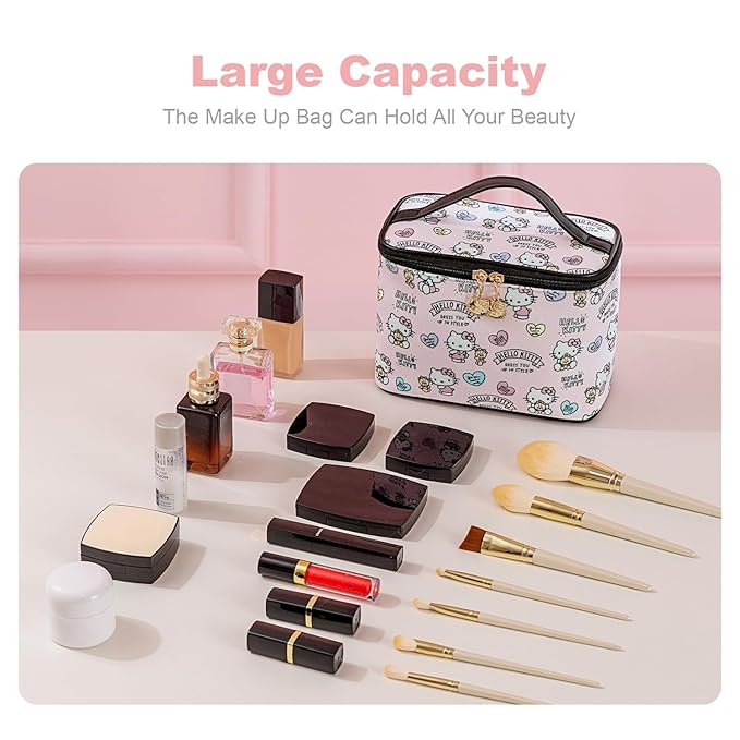 Vimanllie Cosmetic Bag Large Makeup Bag,Travel Toiletry Bags Organizer for Women,Pink Canvas Case with Brush Holder for Girls - Beauty Organizer for Home & Travel with Handle Cartoon Cute