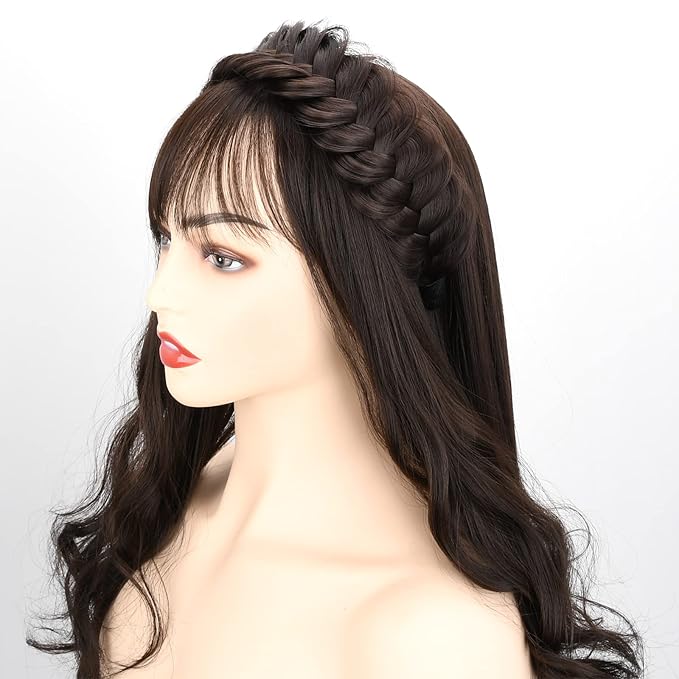 DIGUAN Wide Messy Braided Headband With Teeth Synthetic Hair Plaited Headband High Elasticity Braids Chunky Fishtail Braided Hair Band Hairpiece for Girls Women (White Gray)