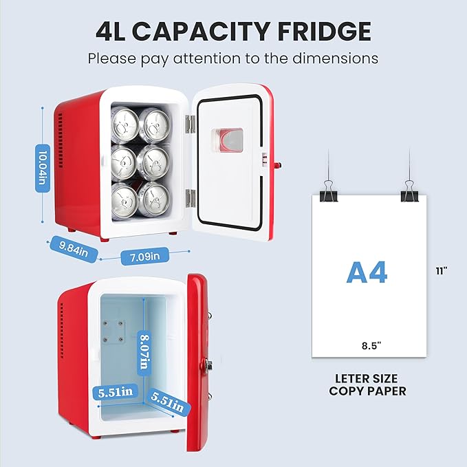 HealSmart 4L Mini Fridge with Observation Window, 6 Can Capacity, Freon-Free and Portable Cooler and Warmer, Cosmetics/Food/Beverage, Red New