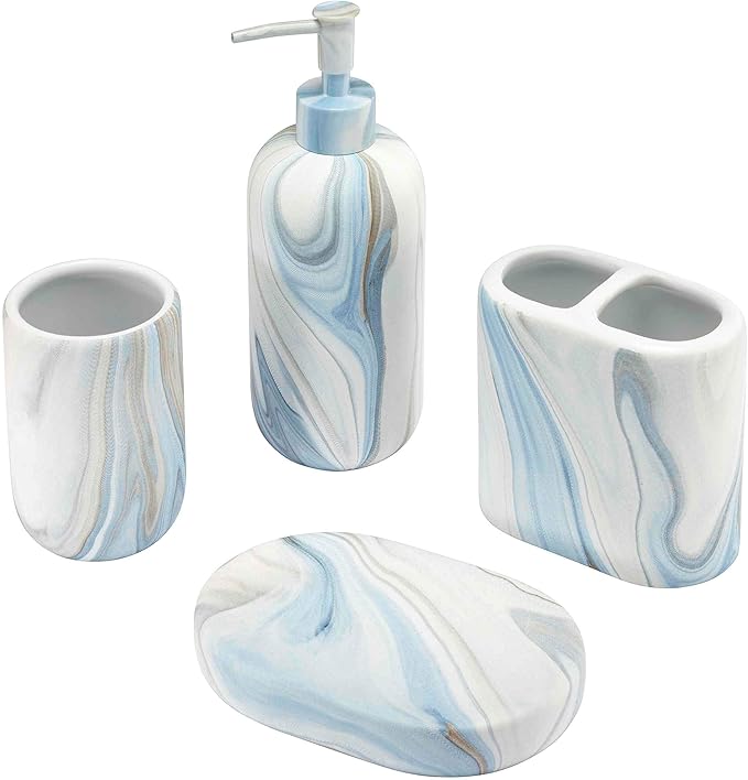 Avanti Linens - Bath Set, 4pc Countertop Accessories, Resin Tumbler, Toothbrush Holder, Soap Dish, Lotion Pump (Waves Collection, Blue)