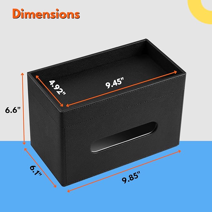 LAMOTI Rectangular Tissue Box Cover with Storage Tray, Leather Facial Tissue Box Holder for Bathroom, Office Table, Countertop, Night Stand & More (Black)