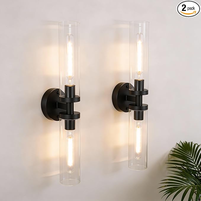 Wall Sconces Set of 2, Hardwired Bathroom Light Fixtures, Modern Bathroom Vanity Wall Lighting with Clear Glass Shade, Farmhouse Wall Sconce for Mirror Bedroom Hallway, Matte Black, E26 Base