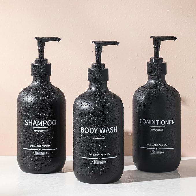 Reusable Shampoo and Conditioner Bottles (5Pack Matte Black) Plastic 16.9oz Dispenser for Conditioner,Shampoo Containers for Shower